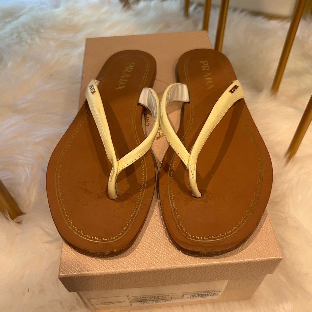 Prada Saffiano Gold Logo Patent Leather Thong Sandals Flip Flop/37.5